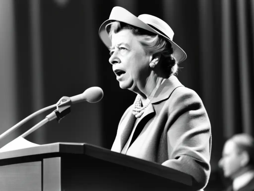 Eleanor Roosevelt habla en un podio, su expresión determinada