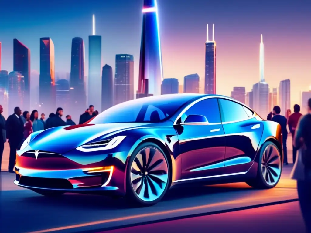 Un Tesla eléctrico futurista brillante en una ciudad bulliciosa, rodeado de gente diversa, con rascacielos reflejándose en su superficie pulida