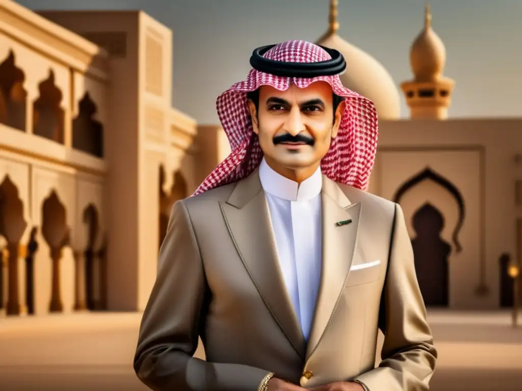 El príncipe Alwaleed bin Talal Saudí posa con elegancia en atuendo regio, entre elementos tradicionales y arquitectura moderna