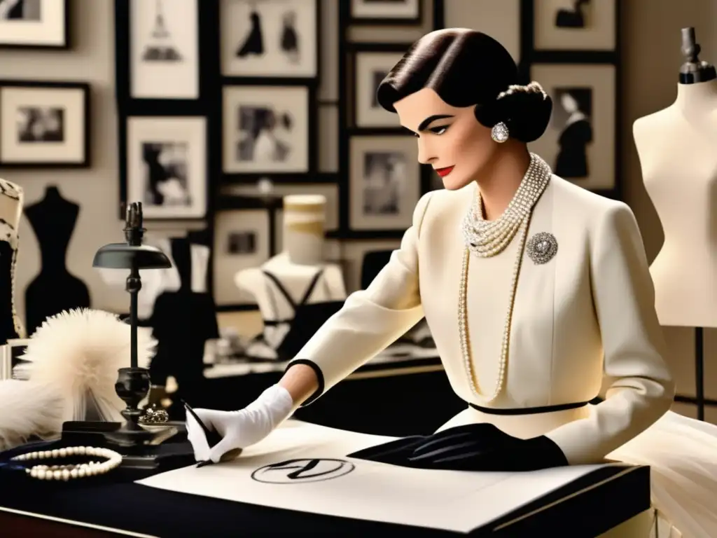 En su elegante atelier, Coco Chanel supervisa la creación de sus icónicos diseños, exudando confianza y creatividad