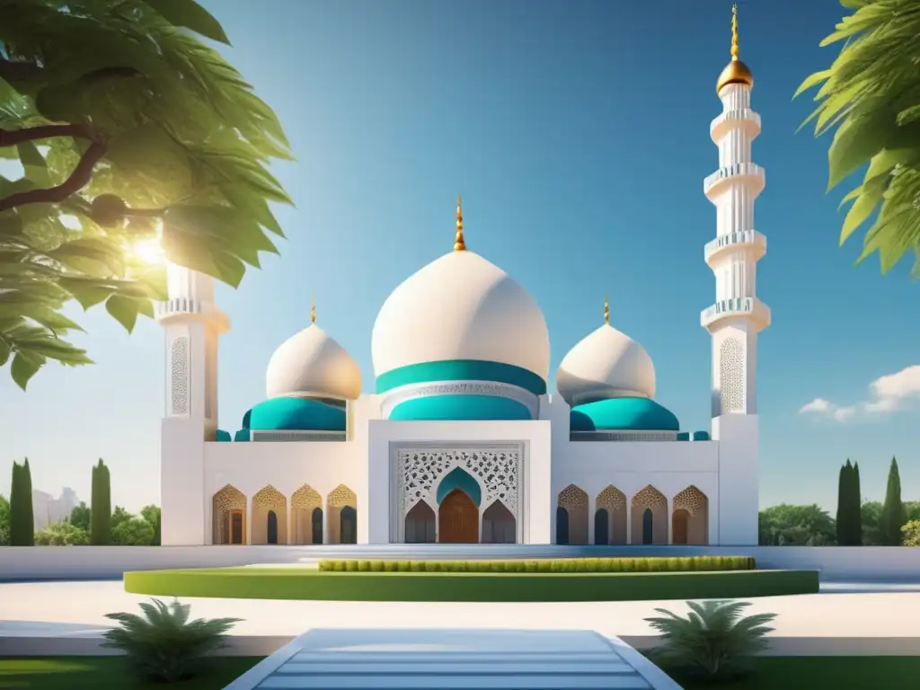 Un elegante diseño arquitectónico de una mezquita, reflejando la armonía entre modernidad y tradición del Islam reformado de Mirza Ghulam Ahmad