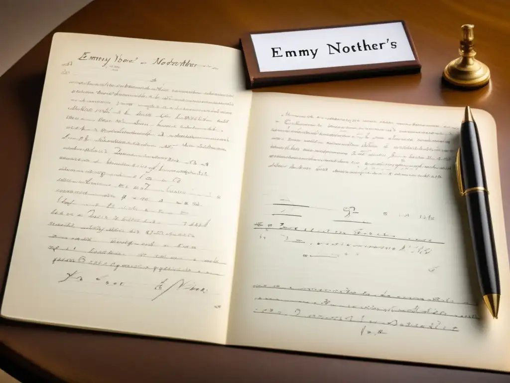 Un elegante escritorio con notas manuscritas de los teoremas de Emmy Noether en física y matemáticas, iluminadas suavemente
