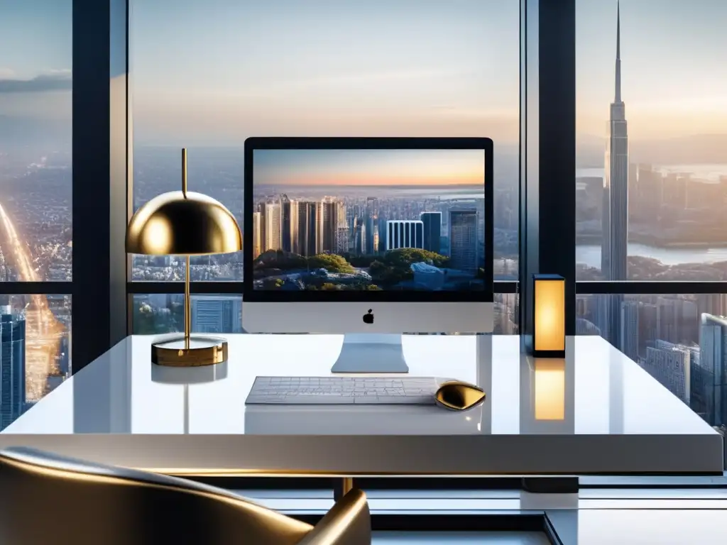 Un elegante escritorio de oficina con mármol blanco y acentos dorados, una computadora de última generación y una vista impresionante de la ciudad
