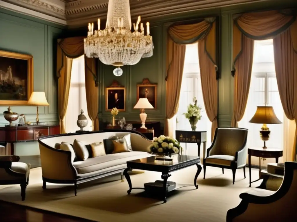 Un elegante salón de la era Regencia, con muebles refinados, decoración delicada y personas bien vestidas