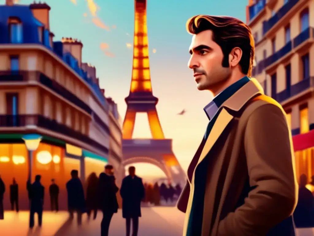 Emiliano Zola irradia el espíritu de la libertad en una moderna pintura digital, de fondo una bulliciosa calle parisina y la Torre Eiffel, sosteniendo una pluma y una antorcha