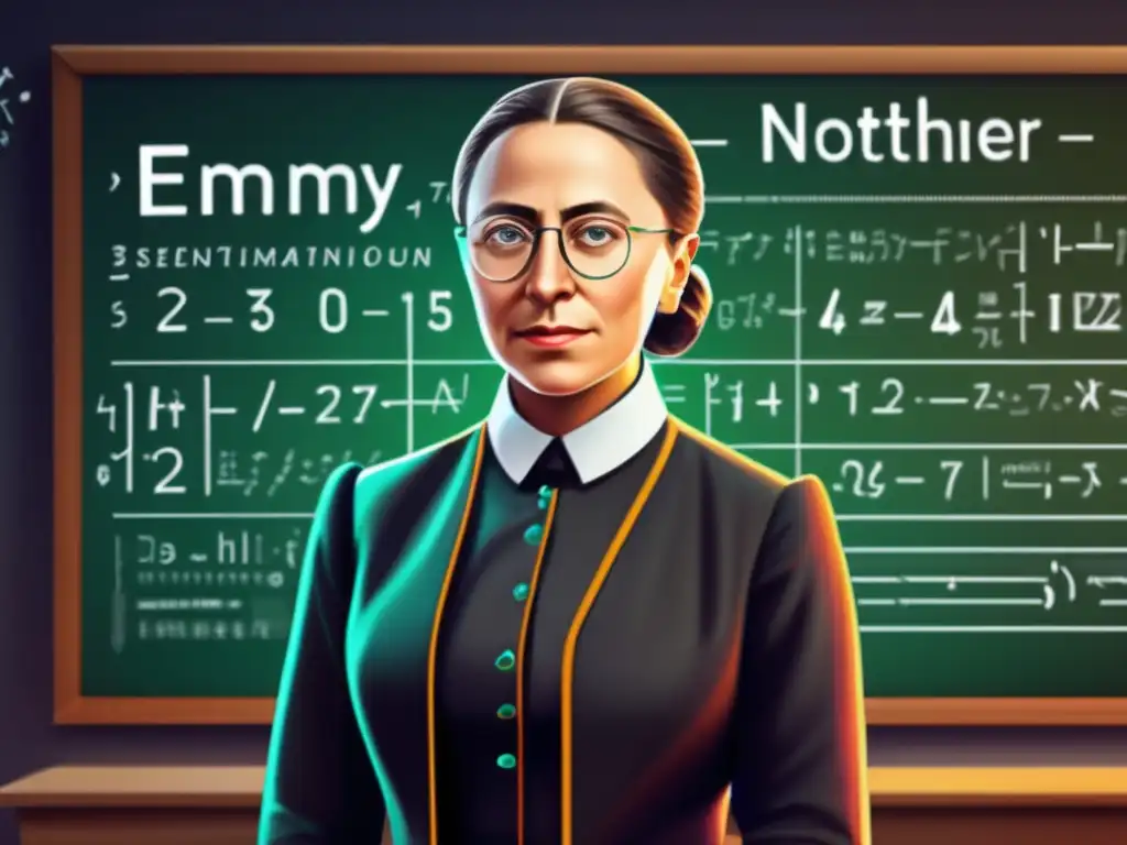 Emmy Noether lidera la revolución física teórica frente a una pizarra llena de ecuaciones, irradiando determinación y brillantez