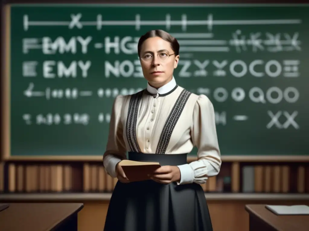 Emmy Noether revoluciona la física teórica con sus innovadores teoremas, inmersa en complejas ecuaciones frente a una pizarra