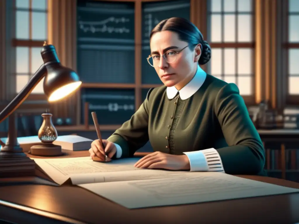 Emmy Noether inmersa en la revolución física teórica, rodeada de ecuaciones y diagramas, reflexionando profundamente