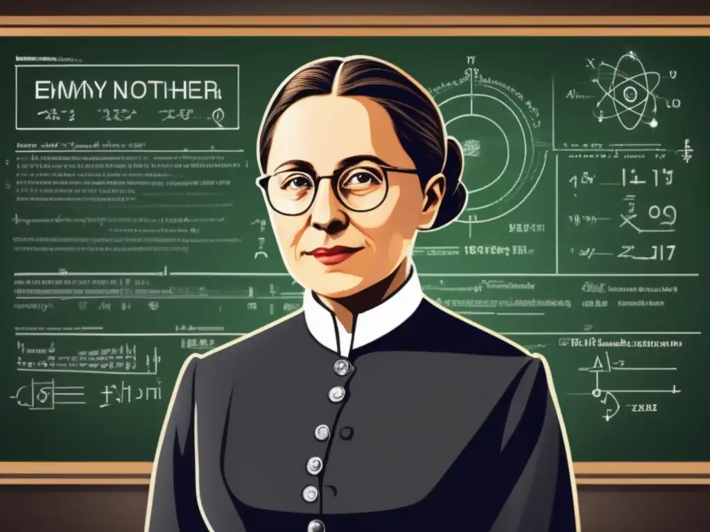 Emmy Noether, matemática y física, frente a una pizarra llena de ecuaciones