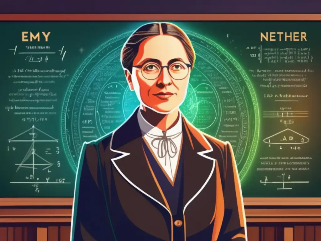 Emmy Noether simetría creación reveló - Ilustración digital ultradetallada de Emmy Noether frente a una pizarra llena de ecuaciones matemáticas, rodeada de un halo de luz brillante, transmitiendo su legado innovador y su determinación