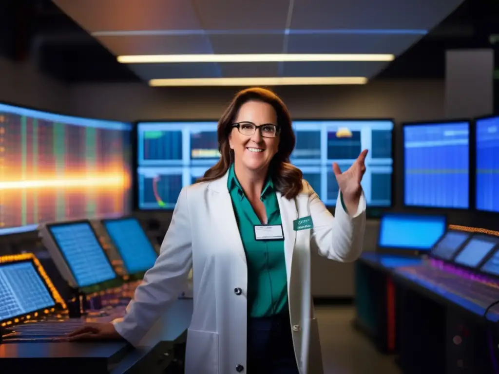 Melissa Franklin emocionada en laboratorio de física de altas energías, rodeada de equipo científico avanzado