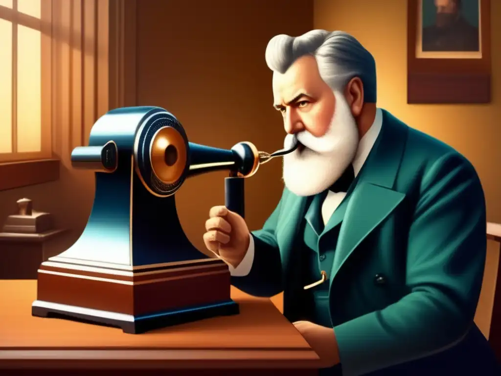 Alexander Graham Bell habla emocionado por teléfono en su innovador prototipo, capturando el avance histórico de la comunicación moderna