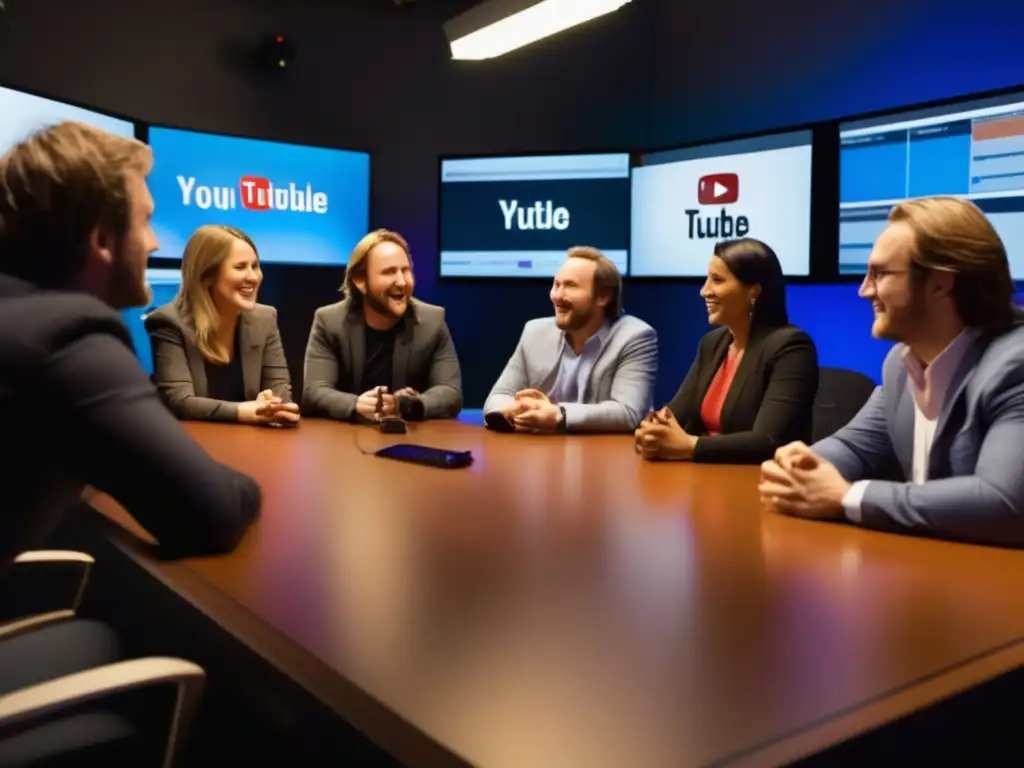 Un emocionante encuentro de Chad Hurley y su equipo temprano de YouTube, discutiendo ideas en una sala con monitores y cables al fondo