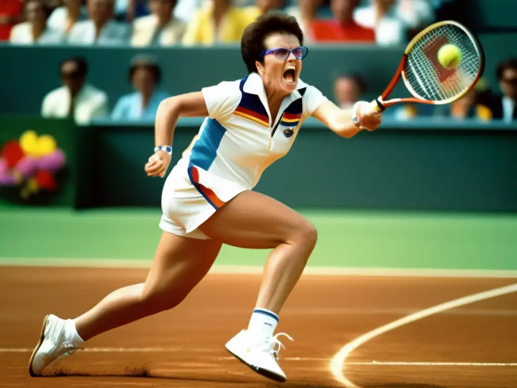 Billie Jean King compite en un emocionante partido de tenis olímpico, mostrando determinación y energía