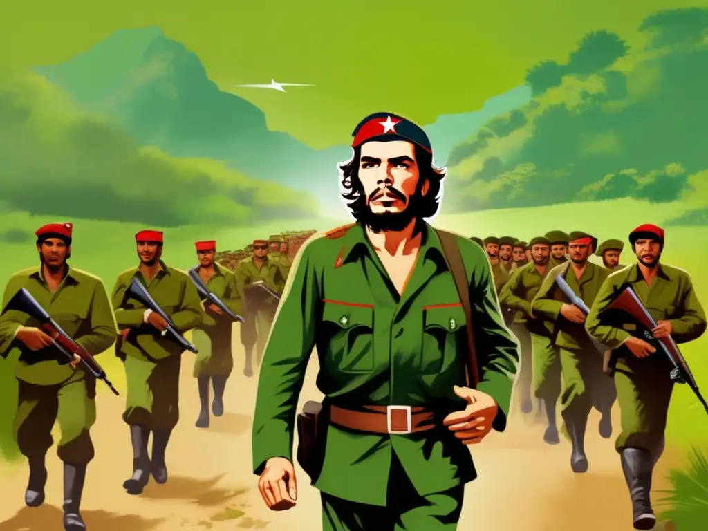 Un emocionante retrato digital de Che Guevara liderando a revolucionarios en la Cuba rural, encarnando la biografía de Che Guevara revolución cubana