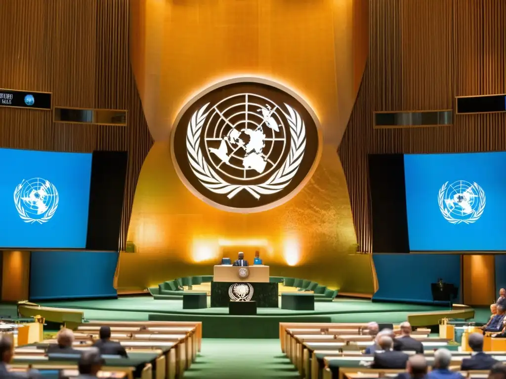 Kofi Annan pronunciando un emotivo discurso en la ONU sobre paz mundial, rodeado de líderes mundiales y el emblema de las Naciones Unidas