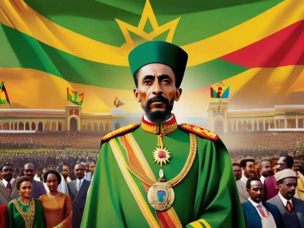Majestuoso retrato de Haile Selassie en su regalia real, frente a la bandera etíope, con expresión serena y rodeado de espectadores Haile Selassie, Emperador de Etiopía, en su regalia real frente a la bandera etíope y una multitud