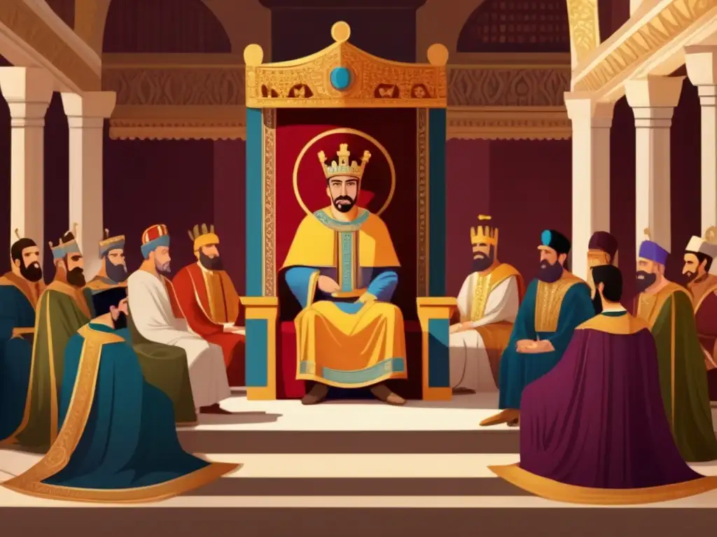 El Emperador Justiniano I, rodeado de sus consejeros en la corte bizantina, viste lujosas túnicas reales y emana autoridad
