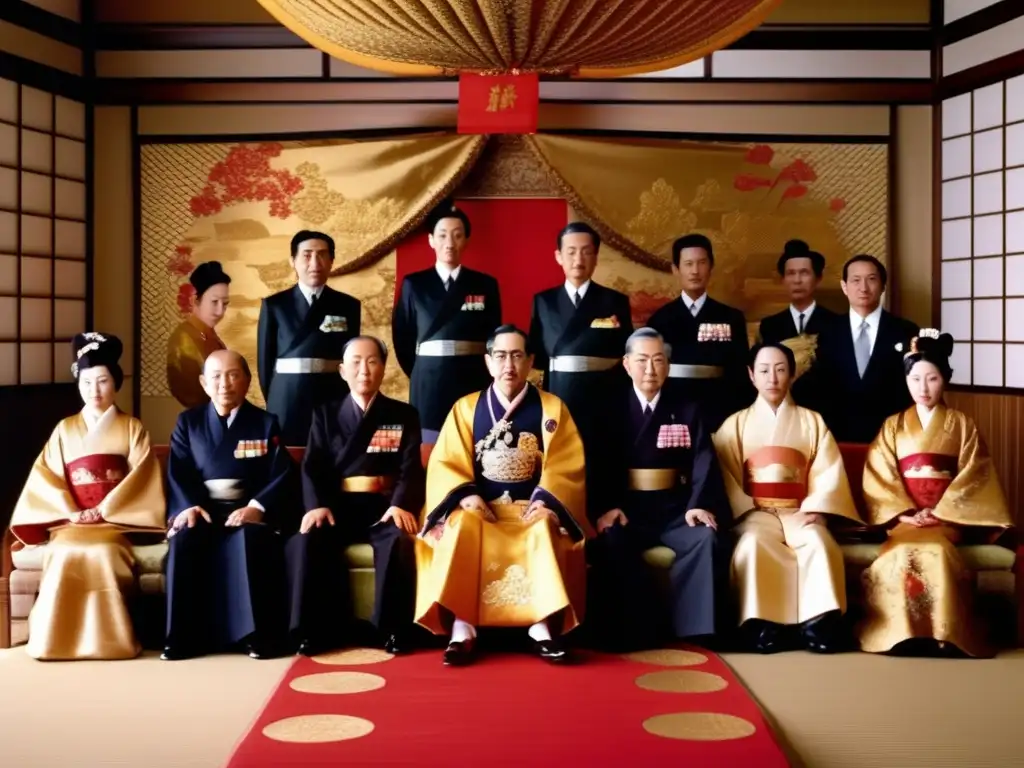El Emperador Hirohito de Japón durante la Segunda Guerra Mundial, rodeado de consejeros en un trono opulento