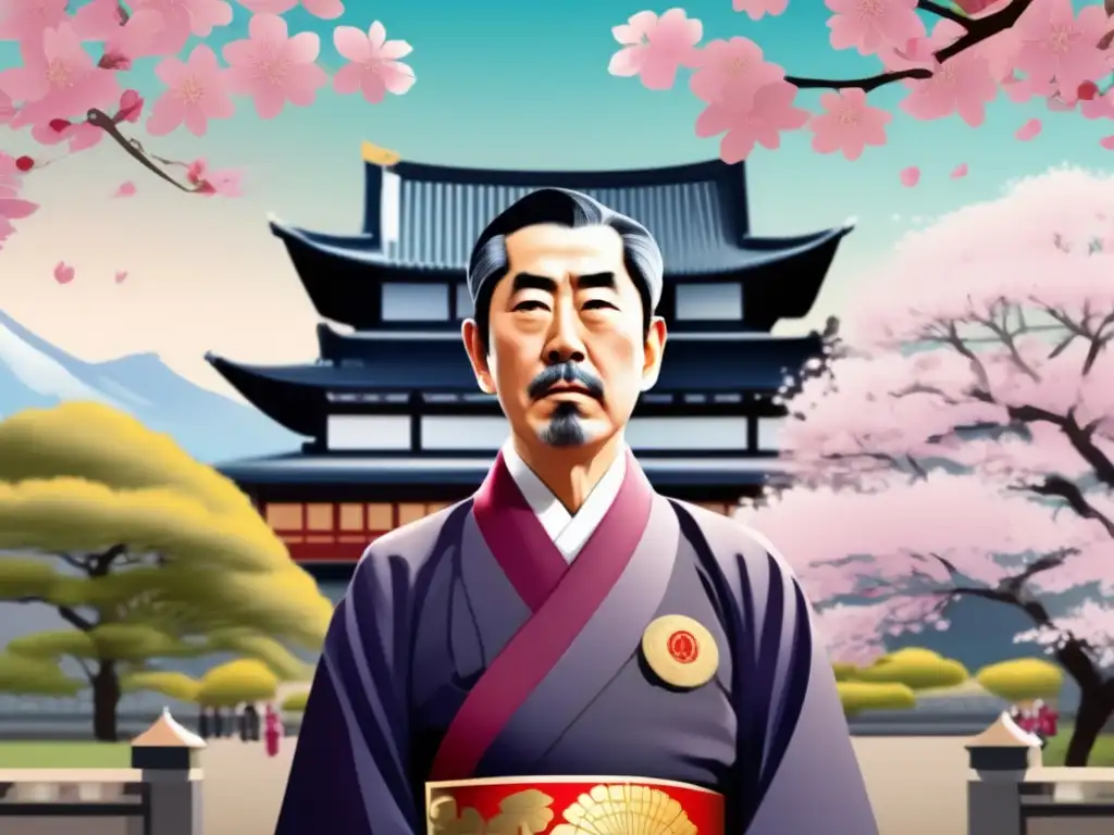 El Emperador Hirohito en traje tradicional japonés, rodeado de cerezos en flor y un castillo histórico