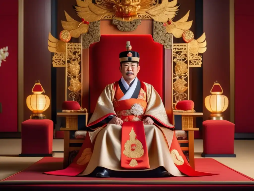 El Emperador Hirohito en su trono imperial, rodeado de decorados detallados en una cálida iluminación