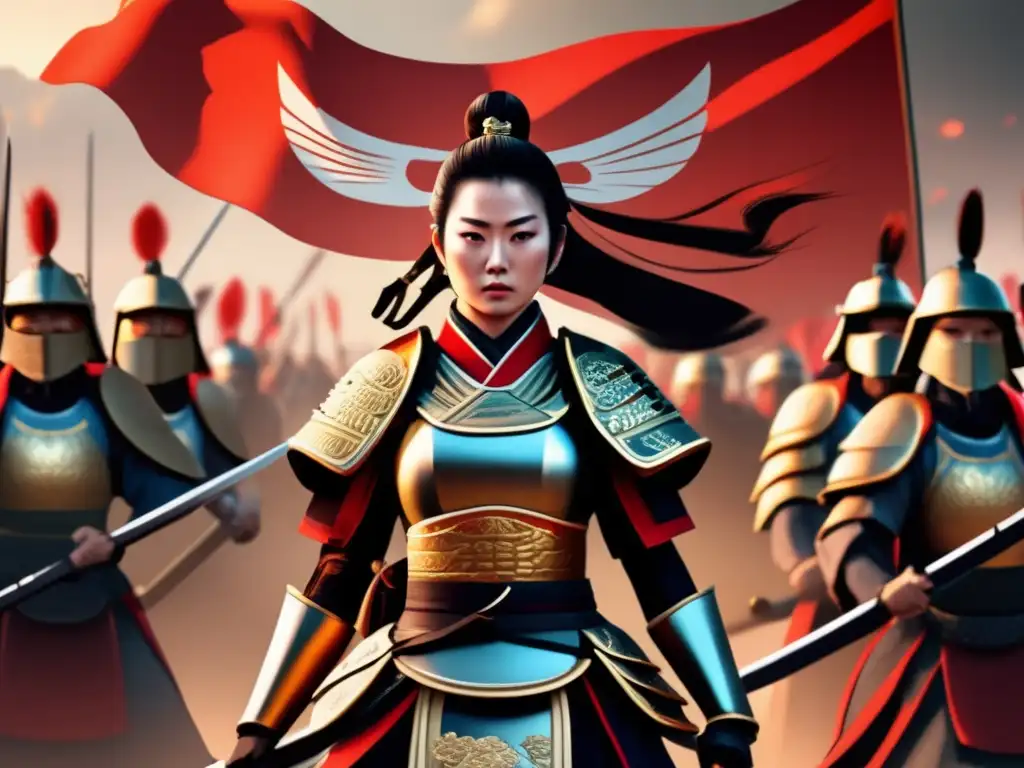 Emperatriz Jingu en armadura japonesa: obra de arte digital impresionante La Emperatriz Jingu, conquistadora de Japón, en armadura tradicional, empuña su naginata en un campo de batalla al atardecer