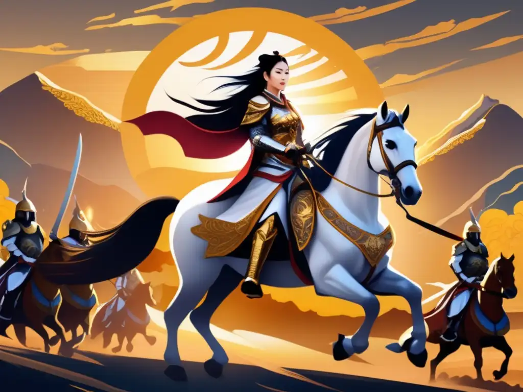 La Conquista de la Emperatriz Jingu: Arte Digital Impactante La Emperatriz Jingu, conquistadora de Japón, monta un majestuoso caballo blanco, liderando a sus tropas hacia la batalla al atardecer