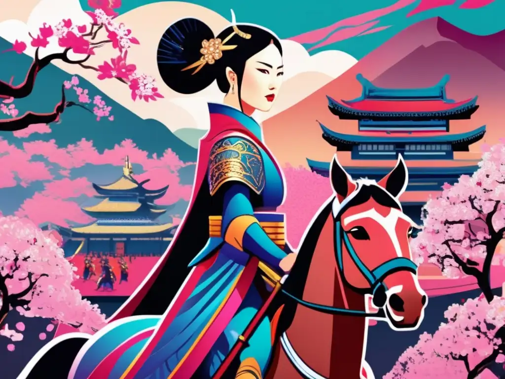 Guerrera Empress Jingu: Ilustración digital vibrante y épica La Emperatriz Jingu lidera su ejército en una ilustración digital vibrante y moderna, mostrando su poderosa conquista en el Japón antiguo