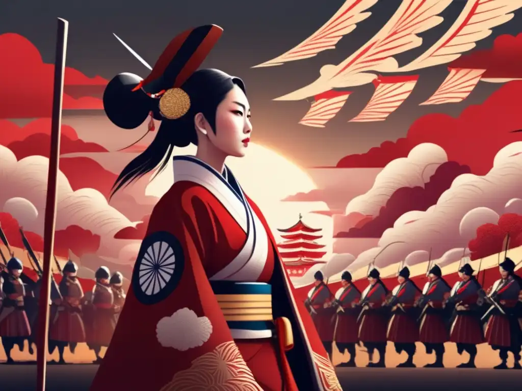 Emperatriz Jingu: Líder victoriosa en el campo de batalla La Emperatriz Jingu, líder determinada, viste atuendo real japonés en detallada ilustración digital del campo de batalla