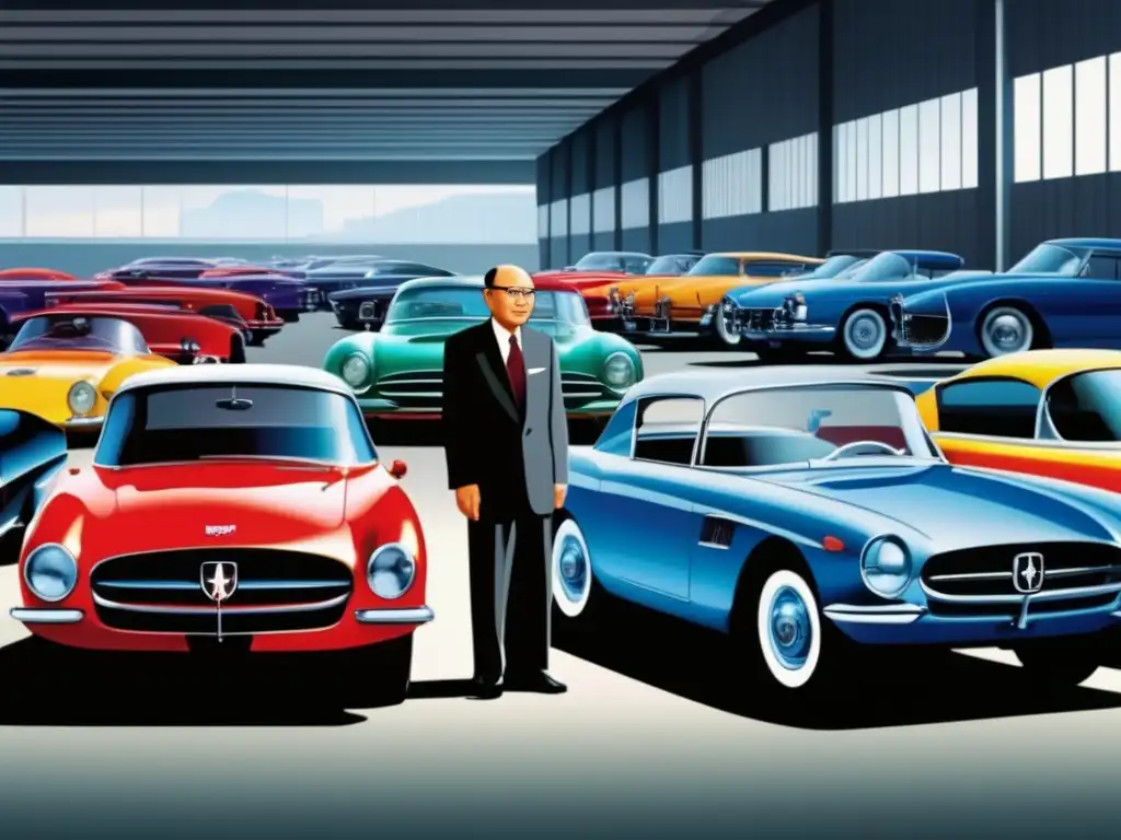 Soichiro Honda, emprendedor automotriz, posa orgulloso frente a sus icónicos autos en una fábrica futurista