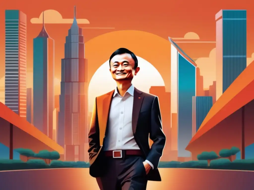 Jack Ma, líder emprendedor, frente a sede Alibaba al atardecer