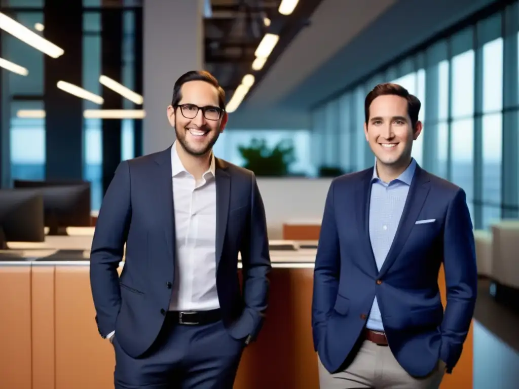 Dos emprendedores exitosos, Kevin Systrom y Mike Krieger, posan juntos con confianza en una oficina moderna