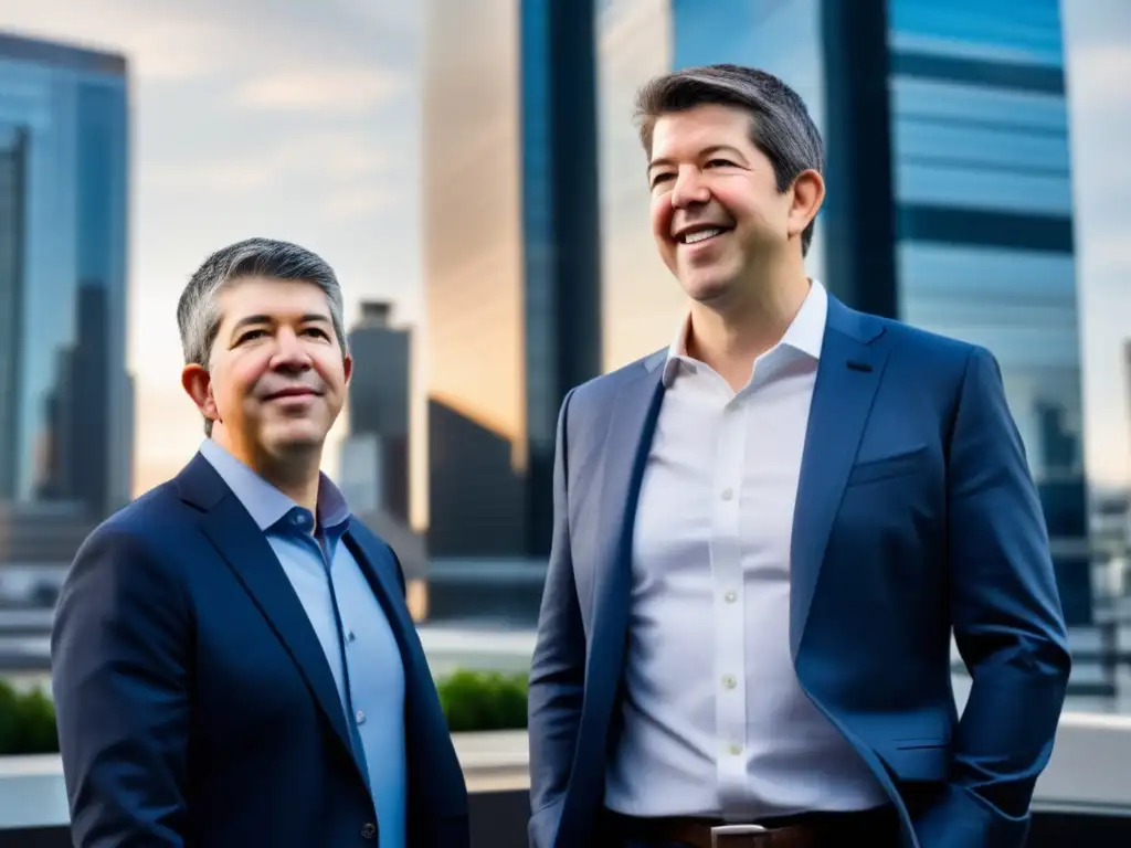 Dos emprendedores, Travis Kalanick y Garrett Camp, frente a un moderno edificio de oficinas, reflejando ambición y determinación