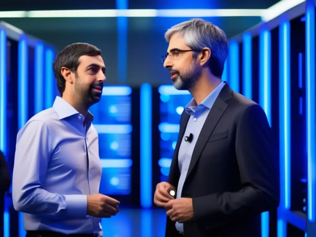 Dos emprendedores visionarios, Larry Page y Sergey Brin, conversan frente a un servidor de tecnología avanzada en una oficina futurista