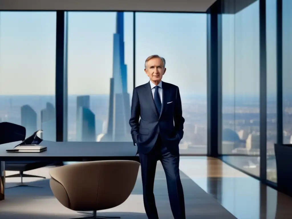 Bernard Arnault, empresario de LVMH, en su moderna oficina con vista a la ciudad, proyecta autoridad y sofisticación