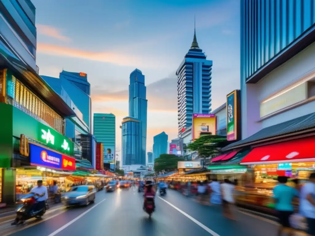 Empresarios Tailandia dominan Sudeste Asiático: bullicioso distrito comercial en Bangkok con rascacielos modernos y coloridos comercios