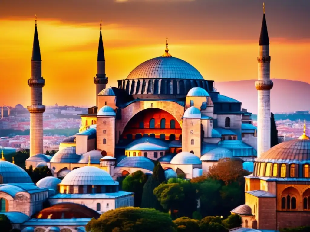 Bajo el encabezado '<h2>Legado y Influencia</h2>', una imagen impactante de la majestuosa Hagia Sophia en Estambul, Turquía, resalta su arquitectura intrincada y cúpulas majestuosas contra un vibrante atardecer, enfatizando el legado duradero del Imperio Bizantino y la influencia de Justiniano I