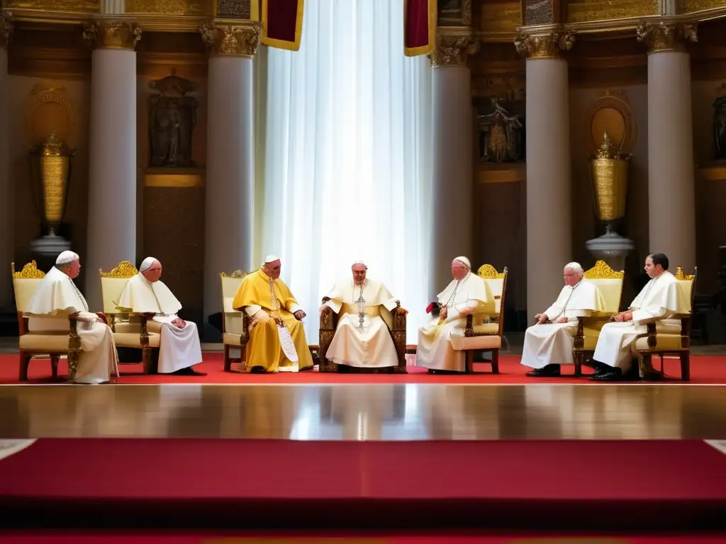 Encuentro histórico: Papa y líderes mundiales en el Vaticano Un encuentro histórico en el Vaticano entre el Papa y líderes mundiales, mostrando la influencia papal en la política mundial durante la Guerra Fría
