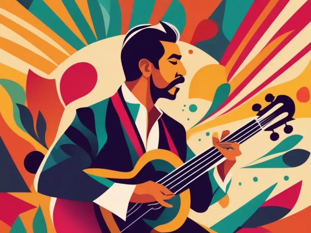 Enérgica ilustración digital de Camarón de la Isla en escenario rodeado de formas abstractas coloridas, reflejando la evolución del cante flamenco