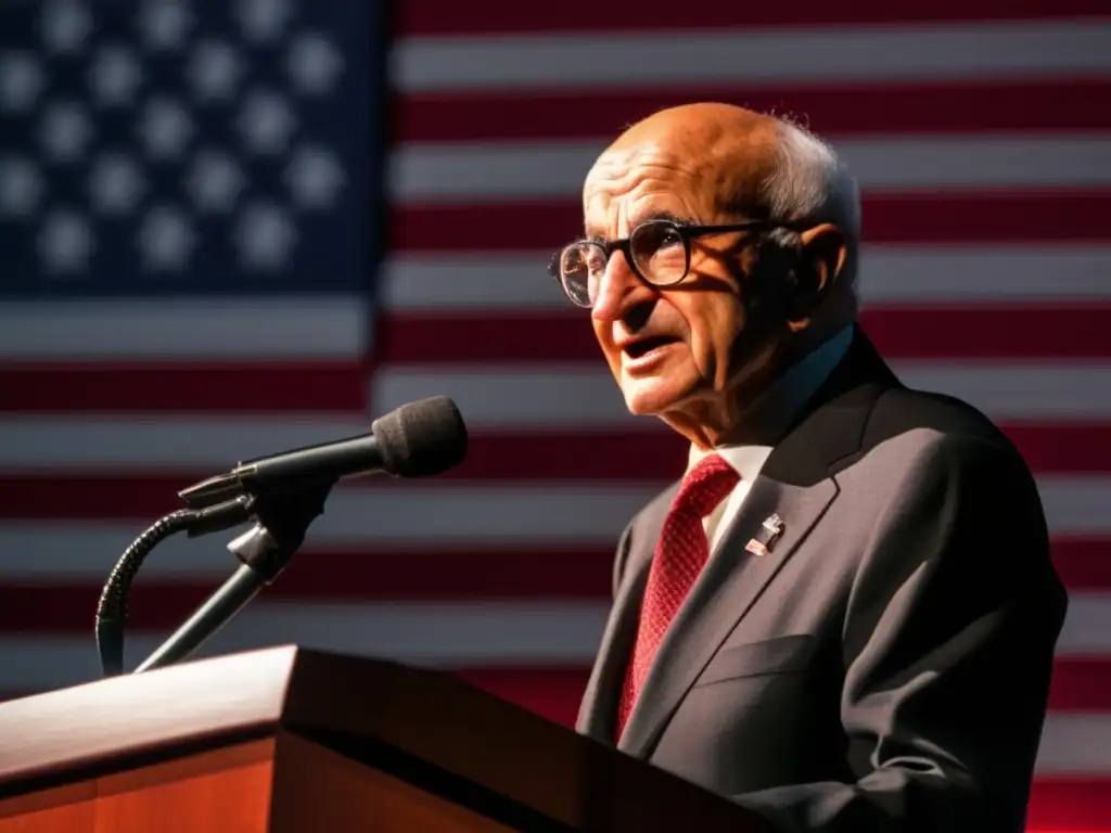 Milton Friedman enérgico, defendiendo legado libertad con bandera de fondo y sombras dramáticas