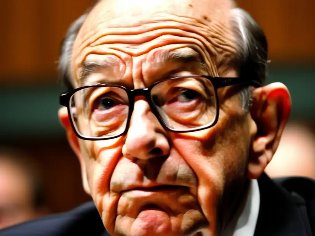 Enfoque intenso de Alan Greenspan durante la crisis financiera del 2008, reflejando preocupación y determinación