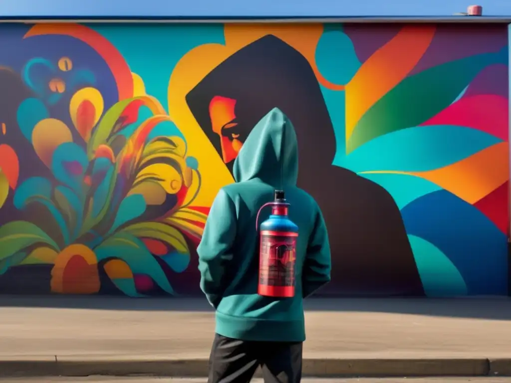 Un enigmático artista desafía sistemas, con una sudadera con capucha, ante un mural vibrante que representa un comentario social y político provocador
