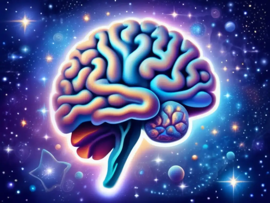 Enigmático cuadro moderno de un cerebro humano suspendido en el cosmos, con galaxias y estrellas