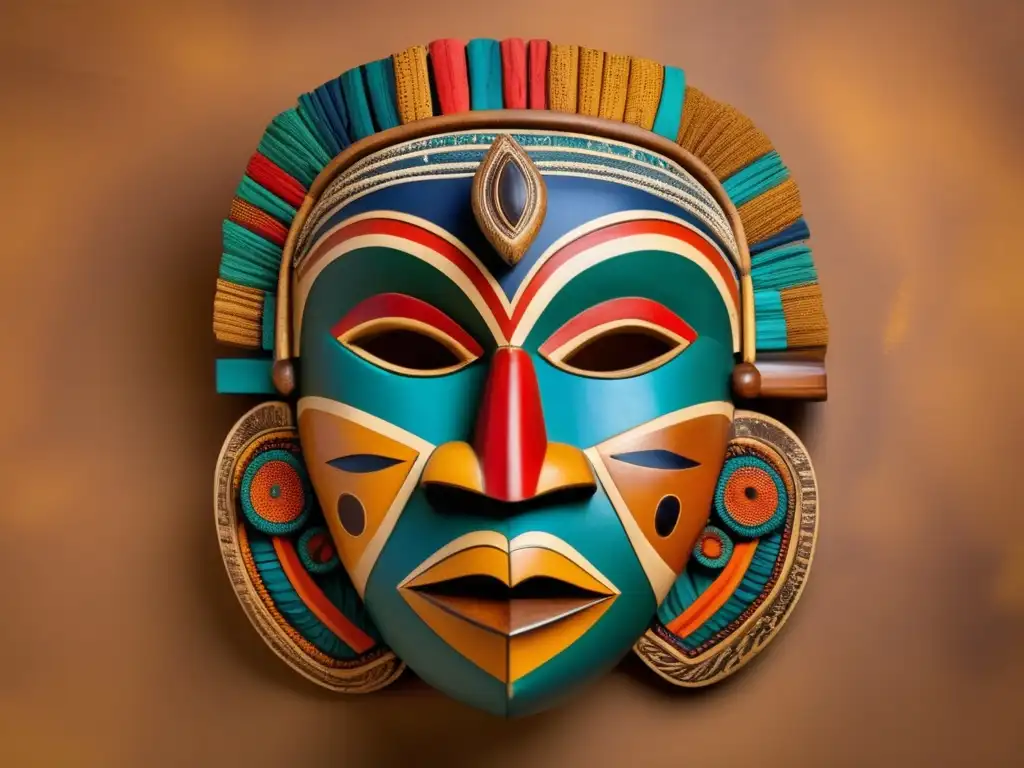 Un enmascarado de madera tallada con colores vibrantes y símbolos africanos, rodeado de arte tradicional