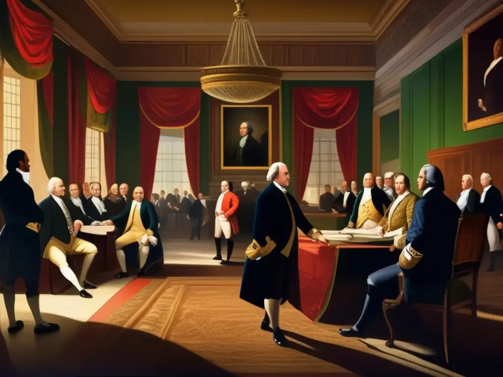 Enorme pintura detallada en 8k de pensadores políticos de la era colonial debatiendo apasionadamente en un majestuoso salón