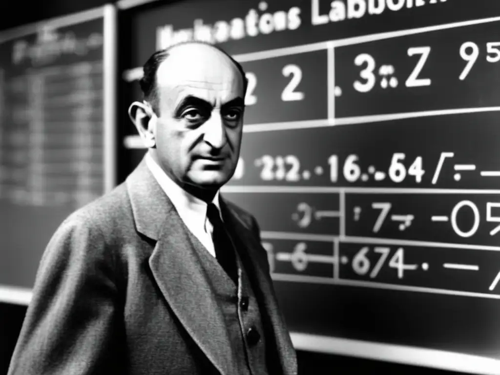 Enrico Fermi, arquitecto nuclear, concentrado frente a una pizarra llena de ecuaciones en un laboratorio moderno y minimalista