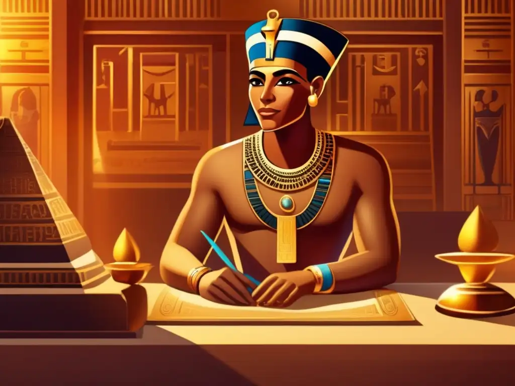 Enseñanzas eternas de Ptahhotep Egipto: Ilustración digital del sabio egipcio rodeado de estudiantes atentos, bañados en cálida luz dorada