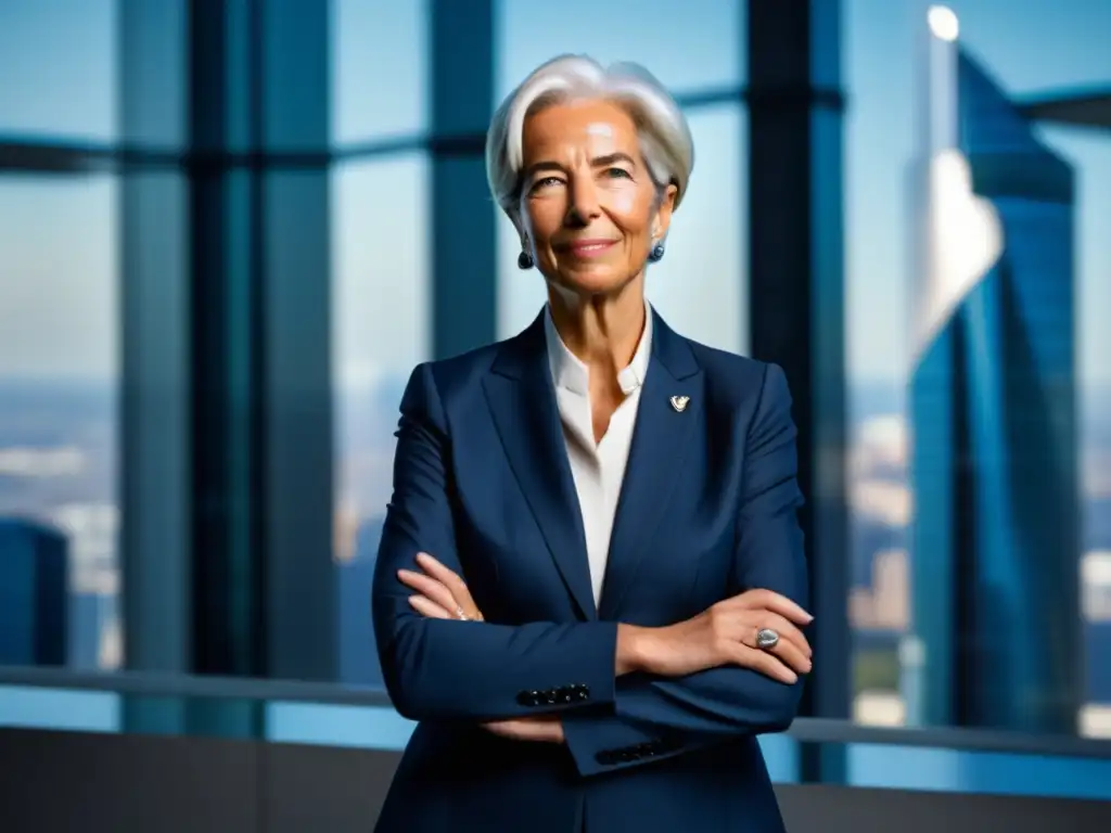 Christine Lagarde en un entorno profesional, con expresión determinada, vistiendo un traje elegante y gestos de autoridad