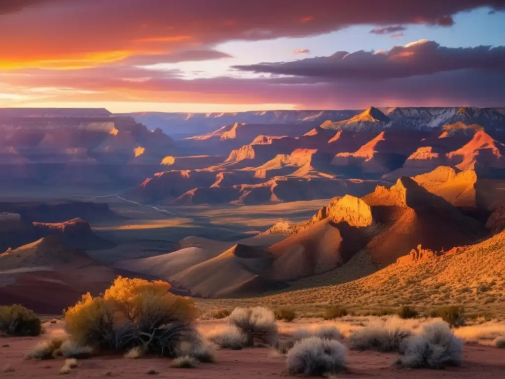 Un épico atardecer sobre el oeste americano, con tonos anaranjados y rosados iluminando las imponentes montañas y extensas llanuras
