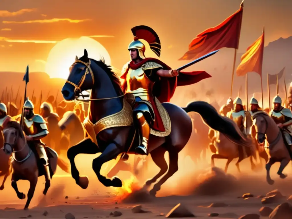 Un épico cuadro digital detallado de Alejandro Magno dirigiendo a sus tropas a la batalla al atardecer, capturando la intensidad de la guerra antigua